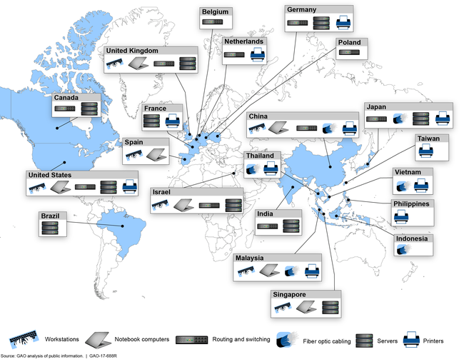 World map identifying some locations where common telecommunications components are manufactured.