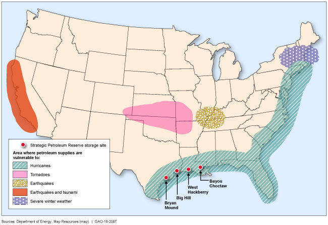 Map of the United States showing areas that are vulnerable to petroleum supply disruptions.