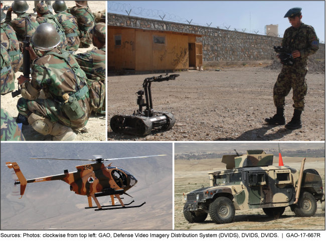 Four photos: Afghan soldiers with rifles; soldier with bomb disposal robot; Humvee; and helicopter.