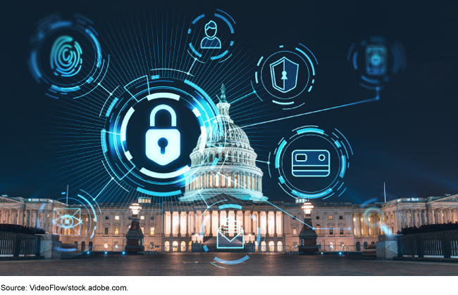 The Capitol building at night with illustrations of digital locks, emails, credit card logos superimposed over it. 