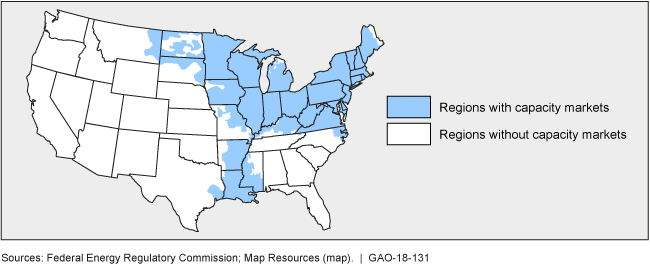 Map of the United States showing areas that have electricity grid capacity markets