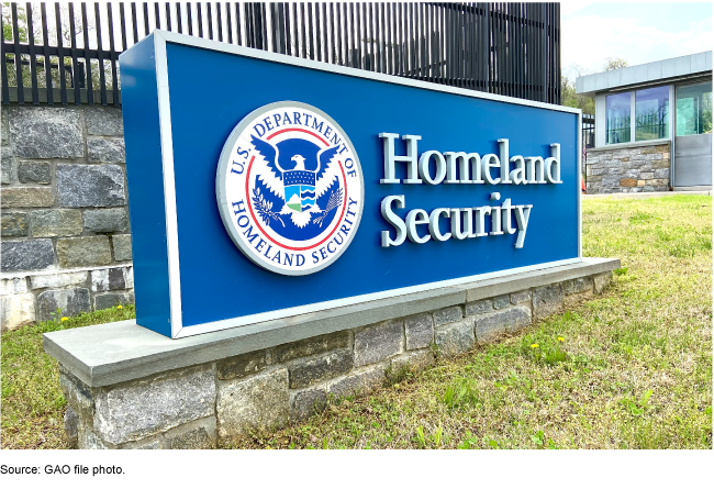 The Department of Homeland Security's external sign, featuring the agency's emblem.