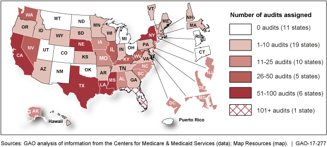 U.S. map showing the number of Medicaid collaborative audits assigned in each state from fiscal year 2012 through June 2016.