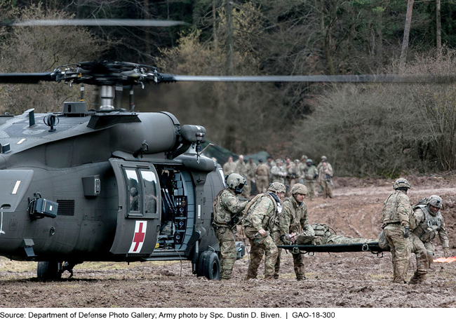 Photo of uniform servicemembers carrying a person on a stretcher near a helicopter with a red cross.