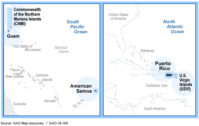 Maps showing locations of U.S. territories in South Pacific and North Atlantic oceans.