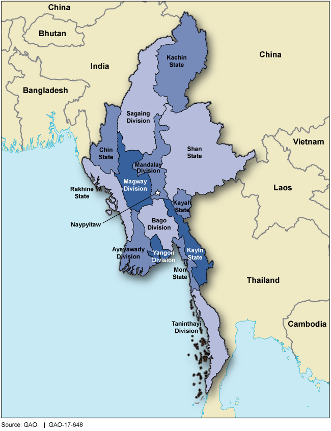 Map showing location of Burma.