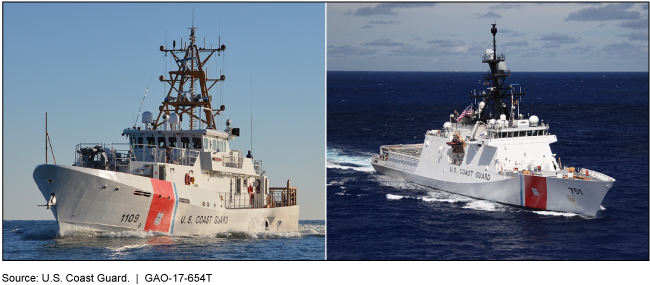 Photos of the Coast Guard's Fast Response Cutter (left) and National Security Cutter (right)
