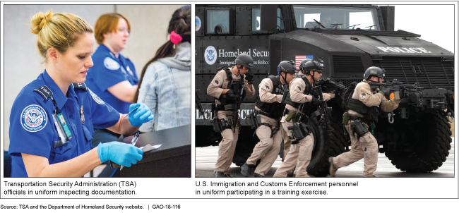Photographs of DHS personnel wearing uniforms and body armor. 