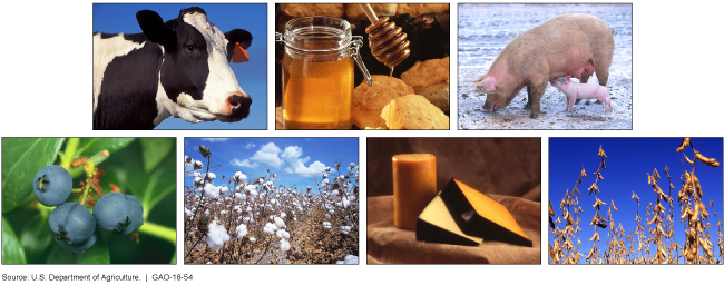Photo collage of a cow, honey, pig, blueberries, cotton, cheese, and soybeans.