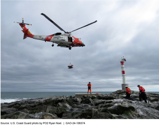A Coast Guard helicopter hovering over a rocky shore where three people are standing. A person-size basket is being lifted into the helicopter. 