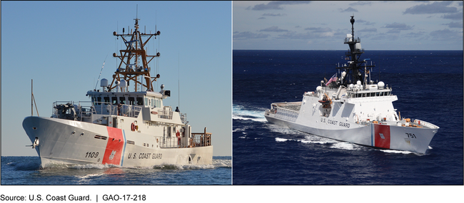 Two photos of the Coast Guard’s 154-foot Fast Response Cutter and 418-foot National Security Cutter.
