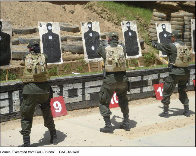 Three people in uniform at a shooting range are pointing pistols at human-shaped targets.
