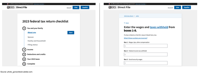 Screenshots of IRS's Direct File website.