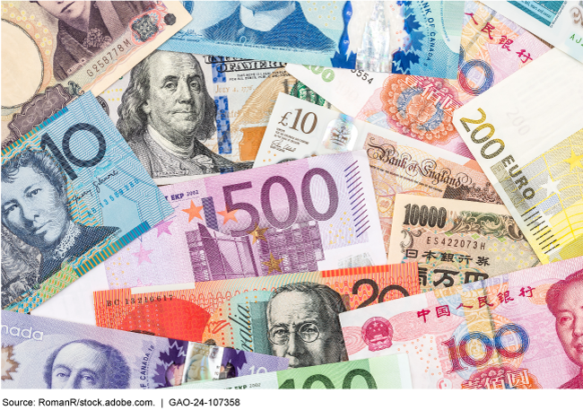 A variety of international cash bills. 