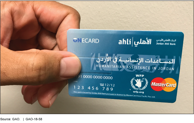 Photo of a hand holding an assistance debit card available to certain refugees. 