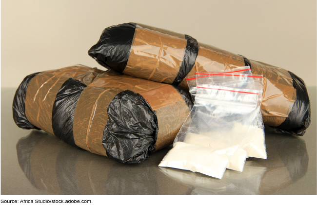 Packages and small bags filled with white powder sitting on a table