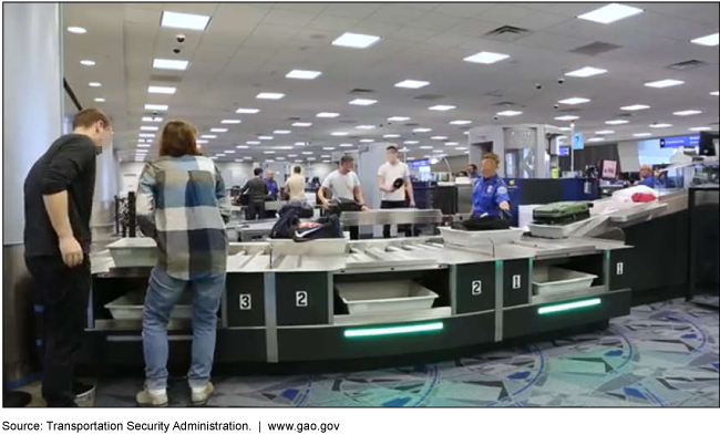 Passengers entering a TSA security checkpoint at an airport 