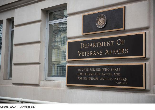 Photograph of a sign in front of the Department of Veterans Affairs building.