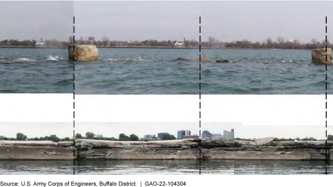 photos showing water where a breakwater used to be