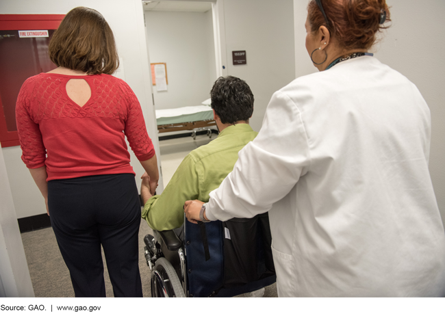 Photo of a woman holding hands with a man in a wheelchair as a health care worker pushes him toward a room in a clinic. 