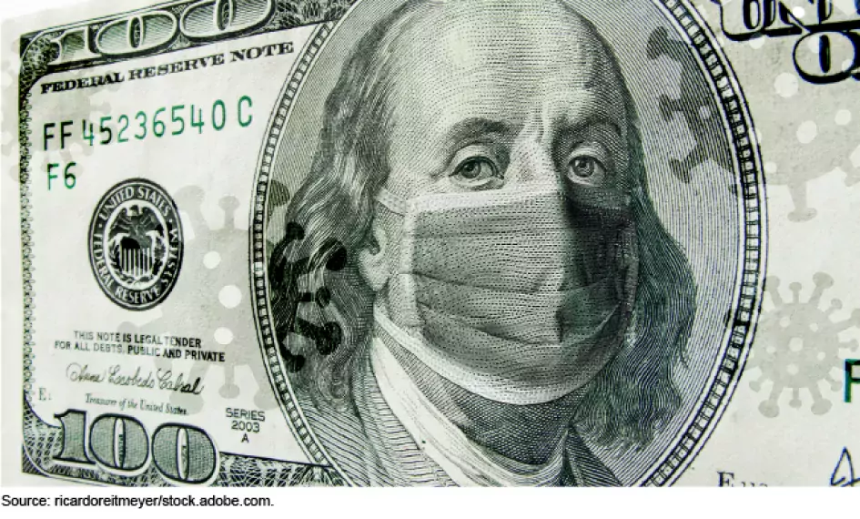 Illustration of a $100 bill with a mask over Ben Franklin's face (COVID)