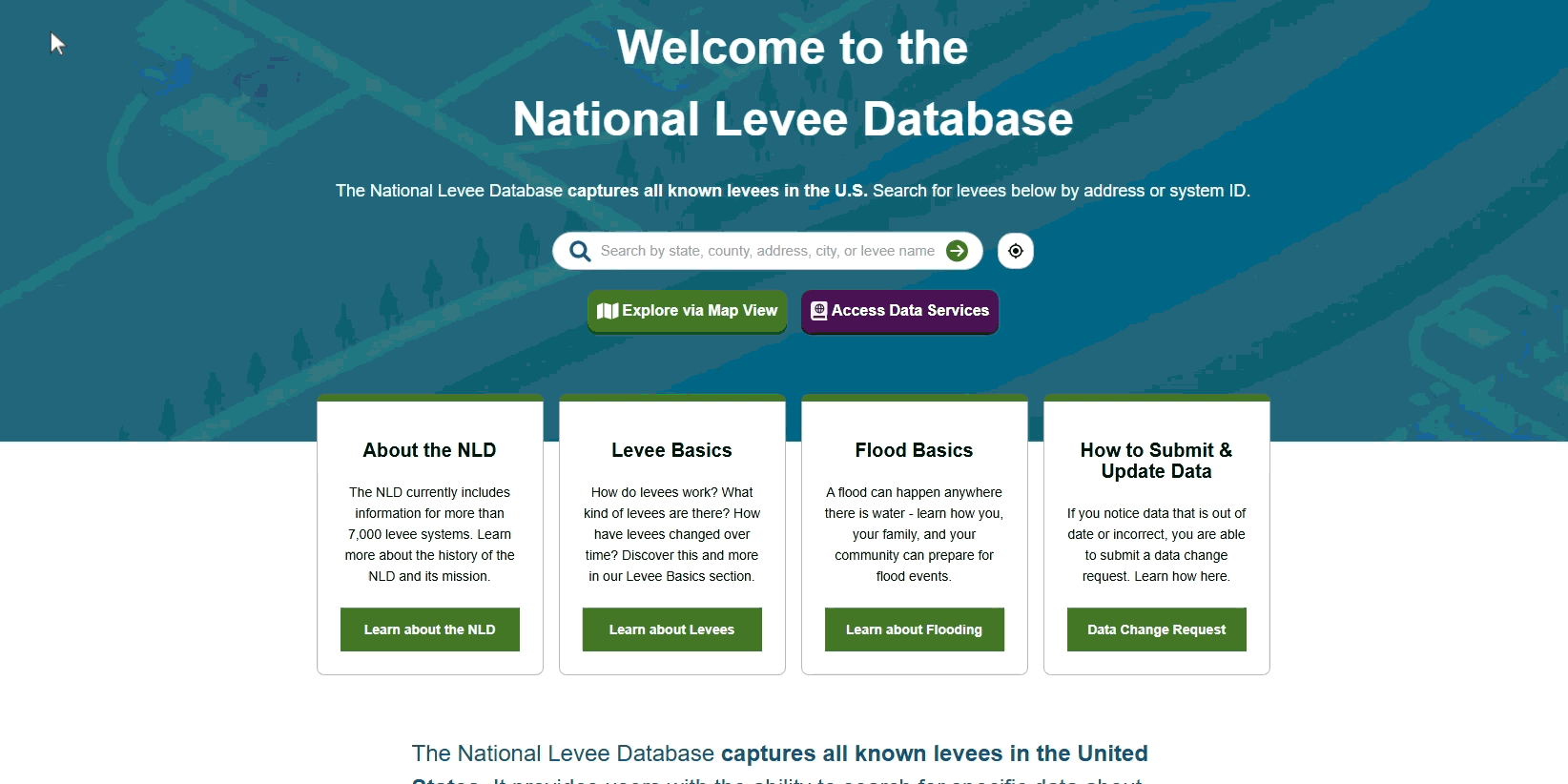 A GIF image that shows how to navigate the National Levee Database--clicking through to the map and underlying info.