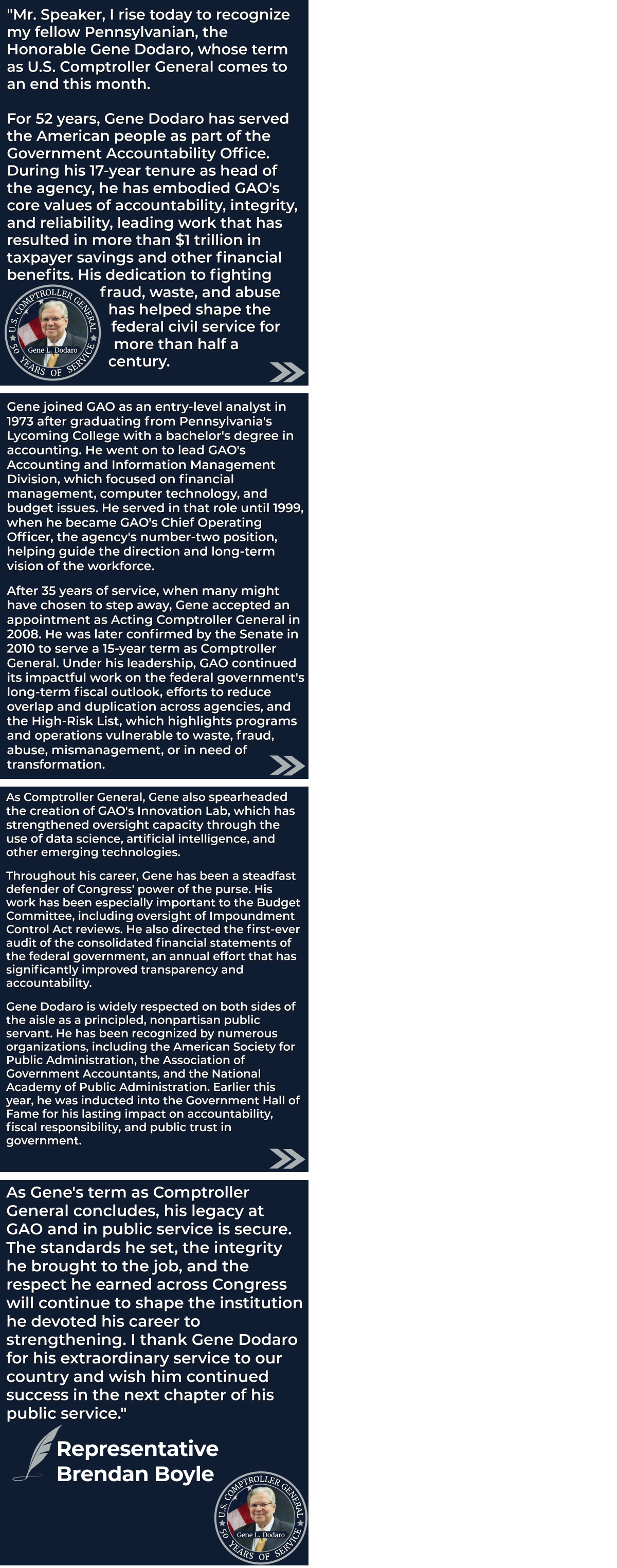 Representative Brendan F. Boyle of Pennsylvania thanks Gene L. Dodaro for his service