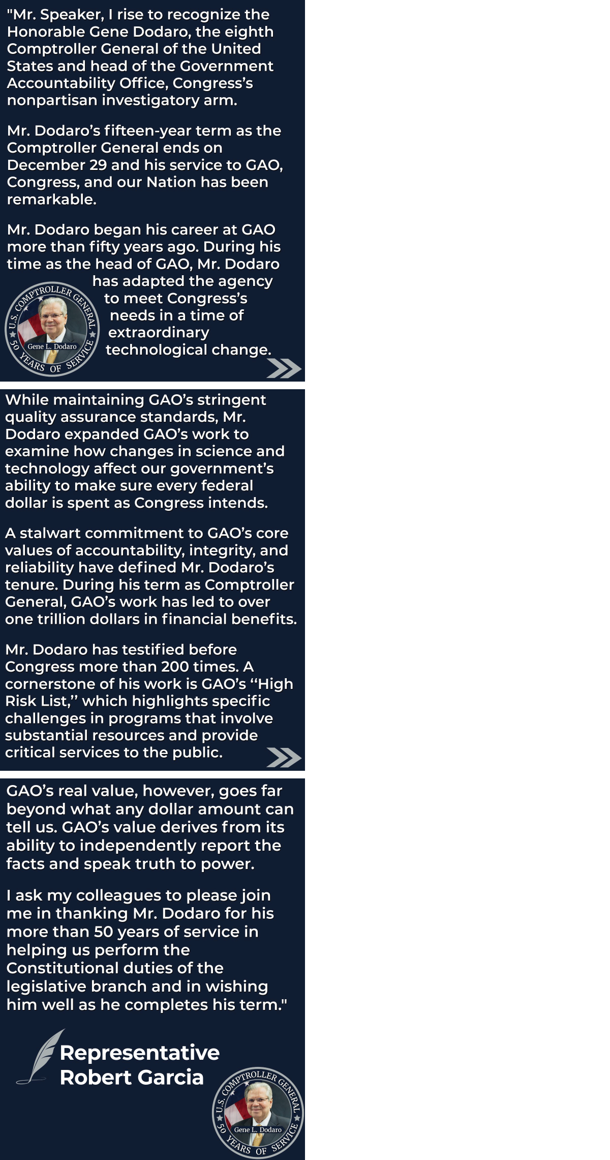 Representative Robert Garcia of California thanks Gene L. Dodaro for his service