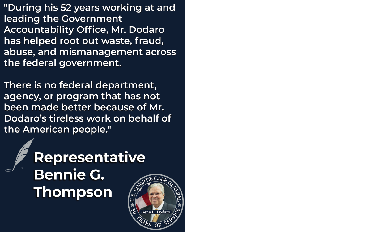 Representative Bennie Thompson of Mississippi thanks Gene L. Dodaro for his service