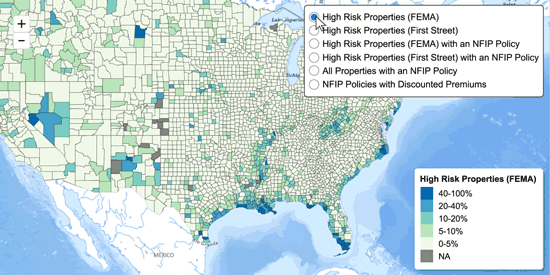 A map of the United States, showing areas with flood risk and flood insurance.