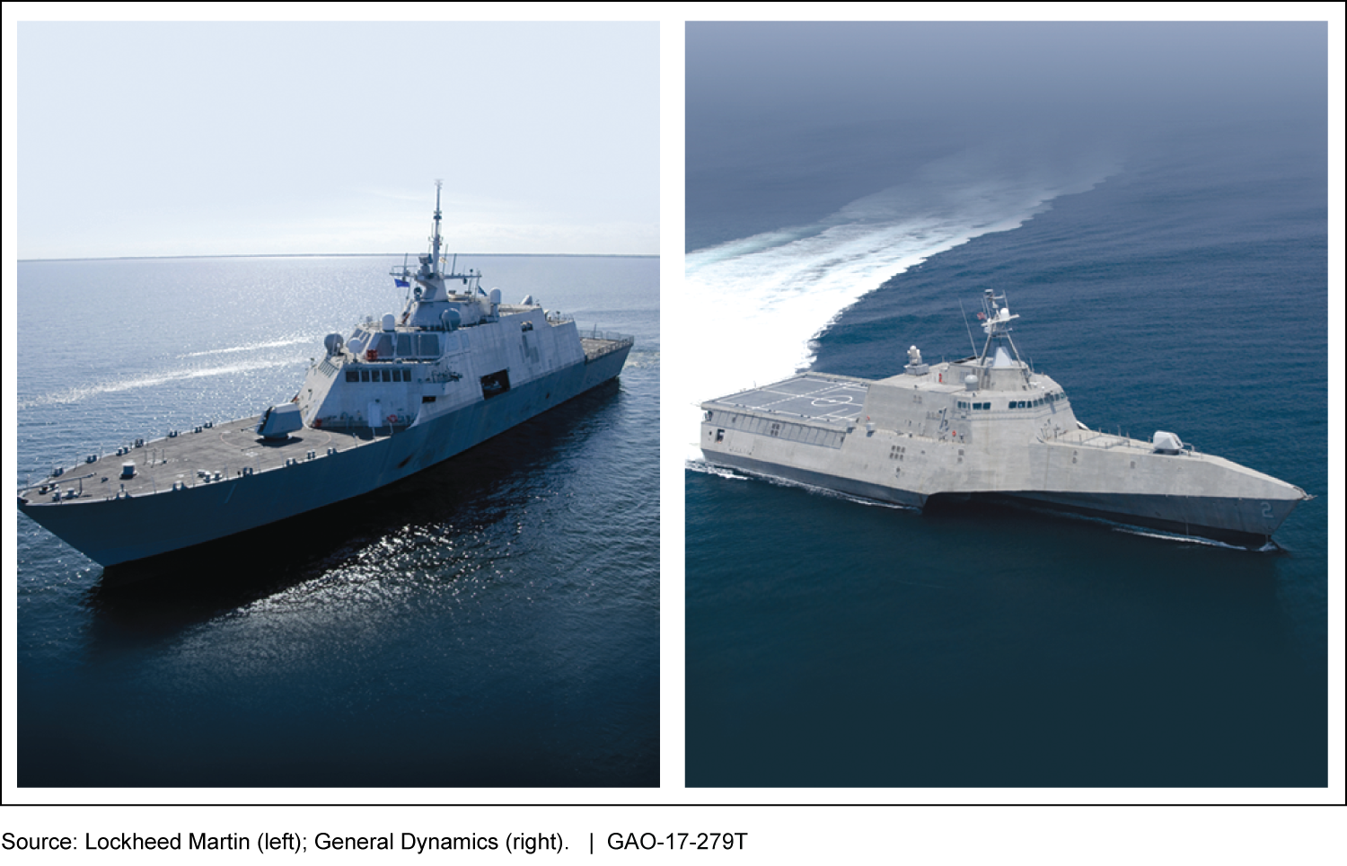 Photos of the two Littoral Combat Ship variants, Freedom (left) and Independence (right).