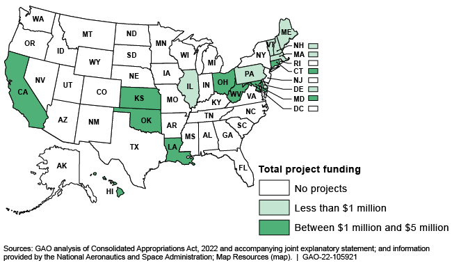 A U.S. map with states colored different shades of green which represent NASA funding amounts. 