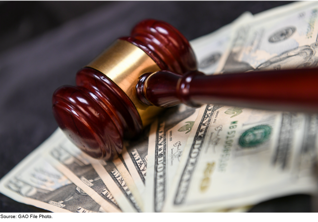 A courtroom gavel placed on several twenty-dollar bills. A courtroom gavel placed on several twenty-dollar bills.