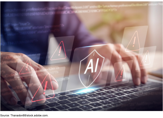 A person typing on a computer keyboard with illustrations of several exclamation points each in a triangle positioned around a shield that has A.I. in the middle, superimposed over the person's hands.