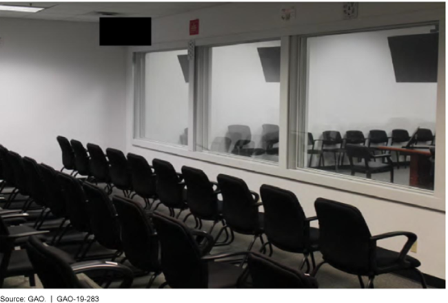 Photo of the courtroom and the viewing section.