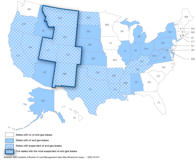 This map shows Montana, Wyoming, Utah, Colorado, and New Mexico as the states with the most suspended leases.