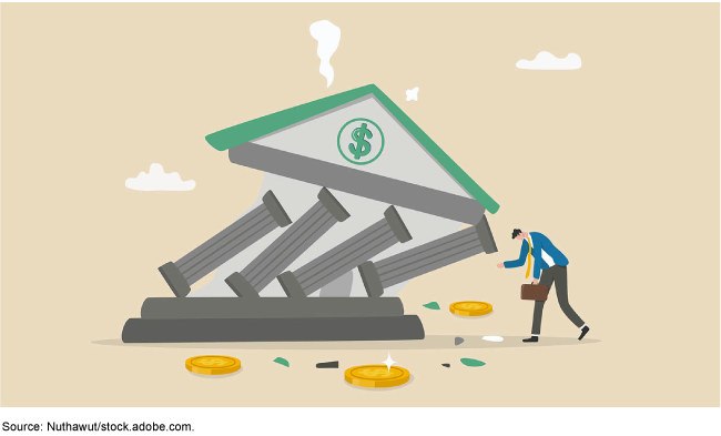 graphic of a building with pillars and a dollar sign on its roof collapsing 