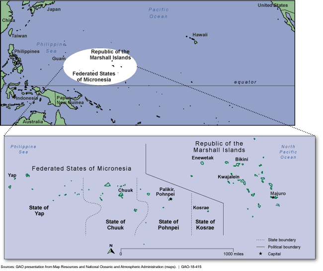 One map shows the island nations in the Pacific, northeast of Australia. The other shows the islands that make up each state.