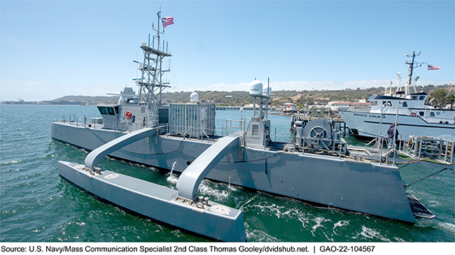 Robot surface ship in water with the shore in the background