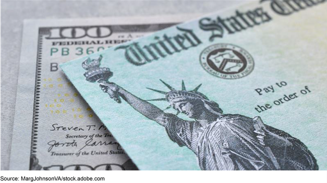 A United States Treasury check with a one-hundred-dollar bill.