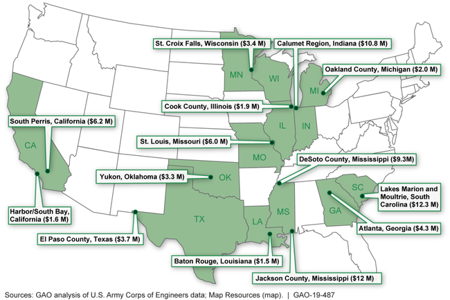 U.S. Army Corps of Engineers' Section 219 Projects Receiving Over U:\Work in Process\VCA_Graphics\FY 19\NRE\102674_NRE_19_487_Corps 219_SS\Graphic Files\Highlight_5_v2_102674.tif Million (M) in Expenditures from Fiscal Years 2013 through 2017