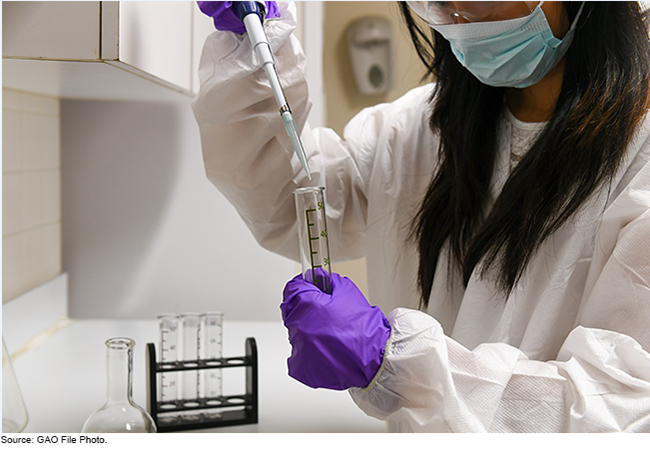 Lab technician working with a dropper and test tube.