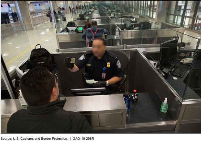 Photo of a Homeland Security officer checking a traveler's identification documents.