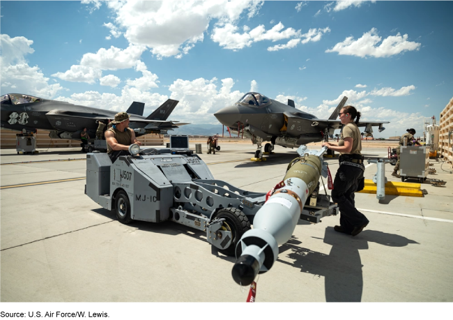 Service members working outside on an F-35 aircraft.