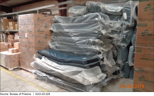 Mattresses wrapped in plastic and stacked on top of each other in a warehouse