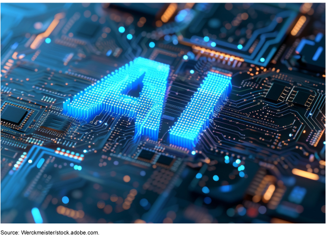  The letters A I sitting on top of a zoomed in microchip with lots of metallic colors and many intricate pathways.