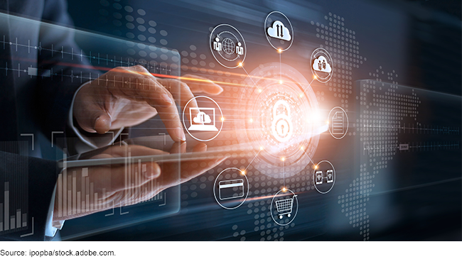 a graphic with a human hand using a touchscreen to access electronic apps