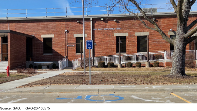 Accessible parking space and ramp at federal office building. Accessible parking space and ramp at federal office building.