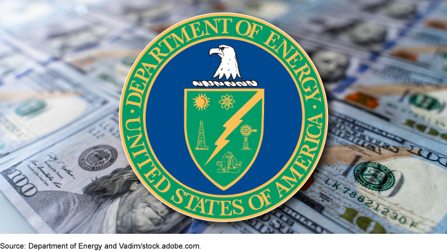 The official seal of the U.S. Department of Energy on top of a stock photo of $100 bills.