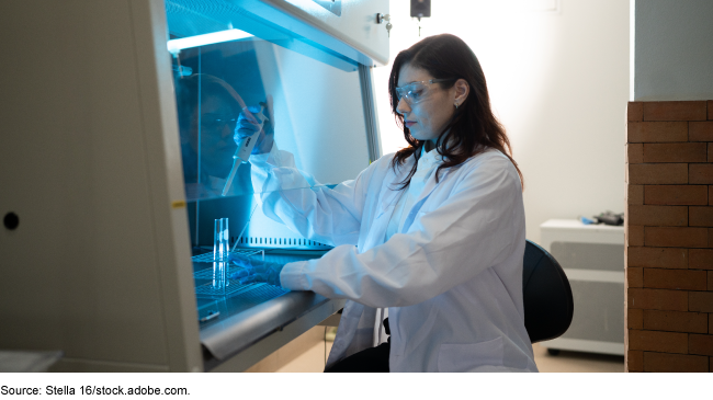 A scientist working in a biosafety cabinet. 